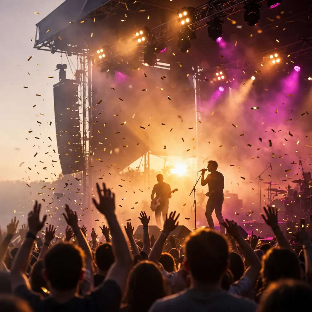 A music festival at golden hour: a band on a stage glowing amber and magenta through the haze, gold confetti in the air, and a crowd with raised hands.