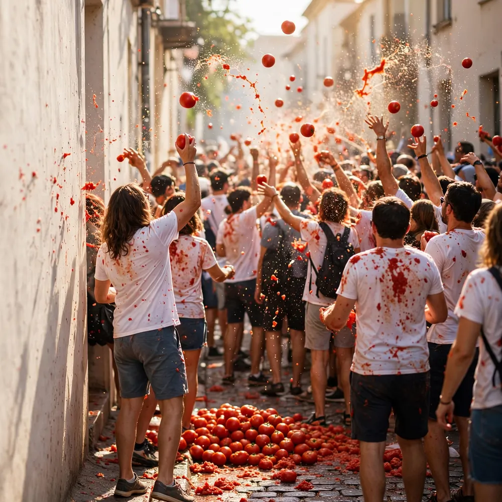 A tomato festival in a sunny old-town street: a laughing crowd in white t-shirts splashed red, throwing ripe tomatoes through the air.