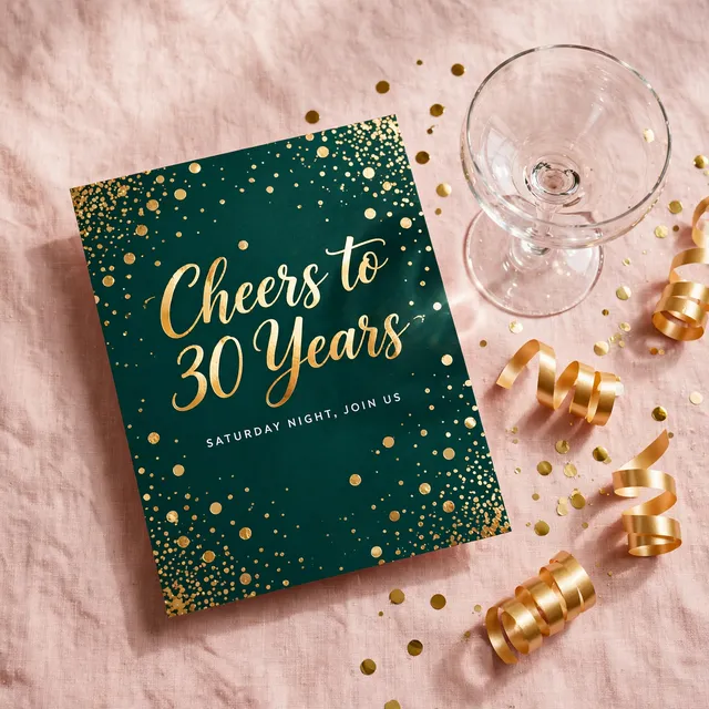 An emerald and gold birthday party invitation beside a champagne coupe.