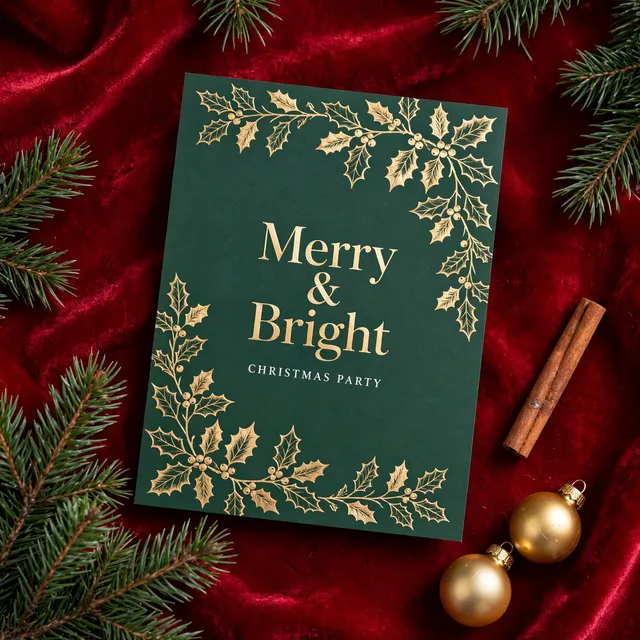 A green and gold Christmas party invitation on red velvet with pine.