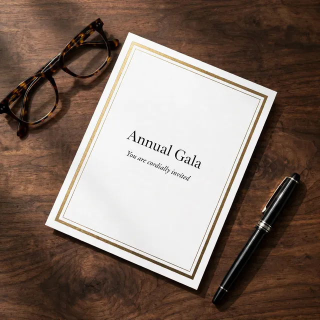 A white and gold corporate gala invitation on a walnut desk beside a fountain pen.