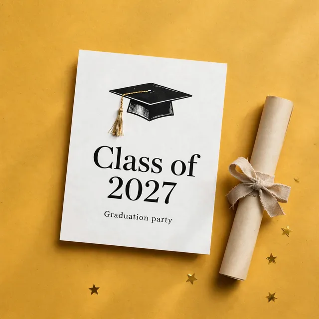 A graduation party invitation with a black cap on mustard paper.