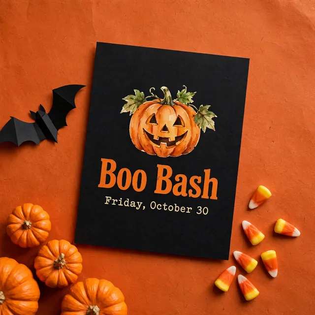 A black Halloween party invitation with a painted jack-o'-lantern on orange paper.