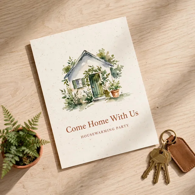 A housewarming invitation with a painted little house beside a set of brass keys.