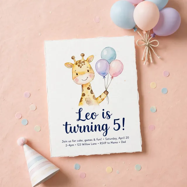 A children's birthday invitation with a watercolour giraffe holding balloons.