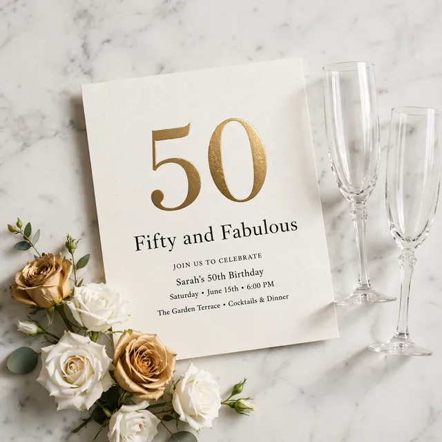 A cream fiftieth birthday invitation with a gold number on marble.