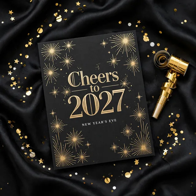 A black and gold New Year's Eve invitation among gold confetti.