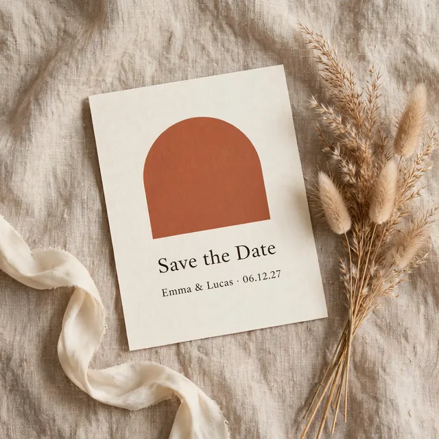 A save the date card with a terracotta arch on sand linen.