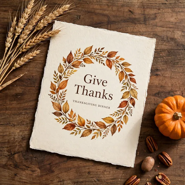 A cream Thanksgiving dinner invitation with a wreath of autumn leaves on a walnut table.