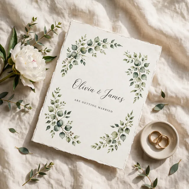 An ivory letterpress wedding invitation with a eucalyptus garland and two gold rings.