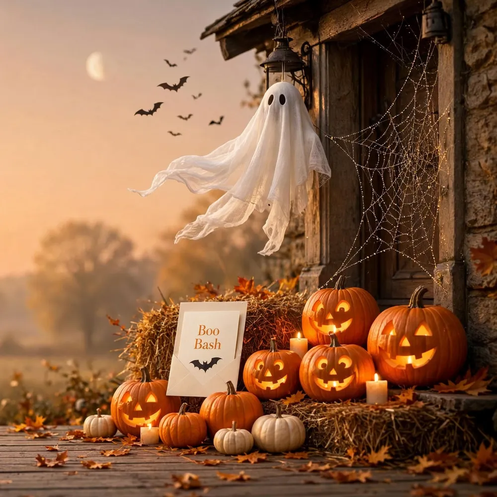 A Halloween porch at golden dusk: a 'Boo Bash' party invitation propped among glowing carved pumpkins and hay, a white cheesecloth ghost and a dewy cobweb by the door, and bats crossing a peach sky.