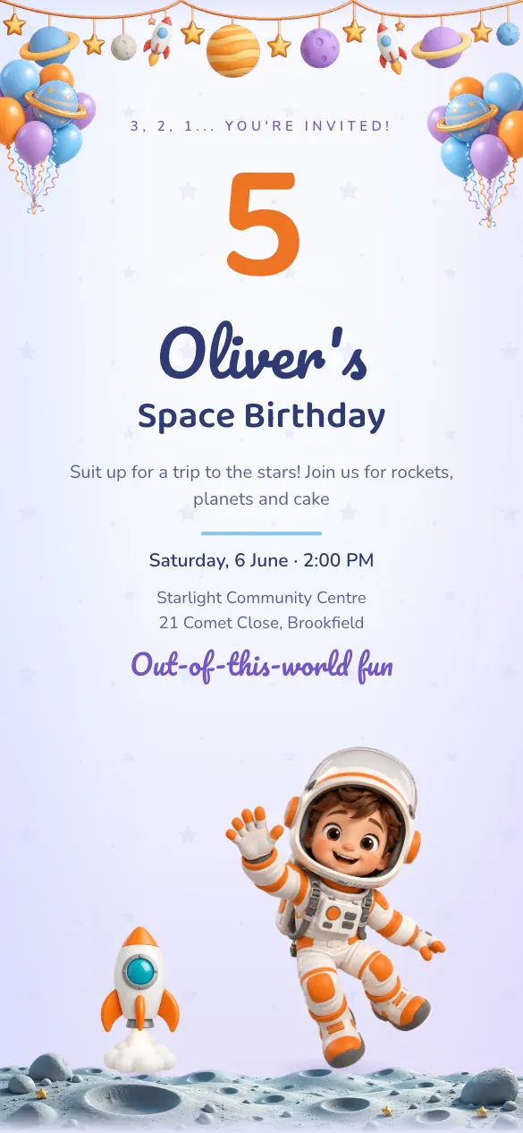 Blast Off Kids' birthday invitation design
