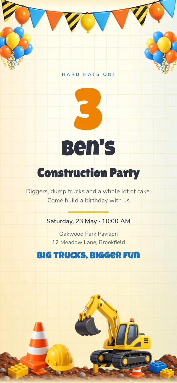 Construction Zone Kids' birthday invitation design