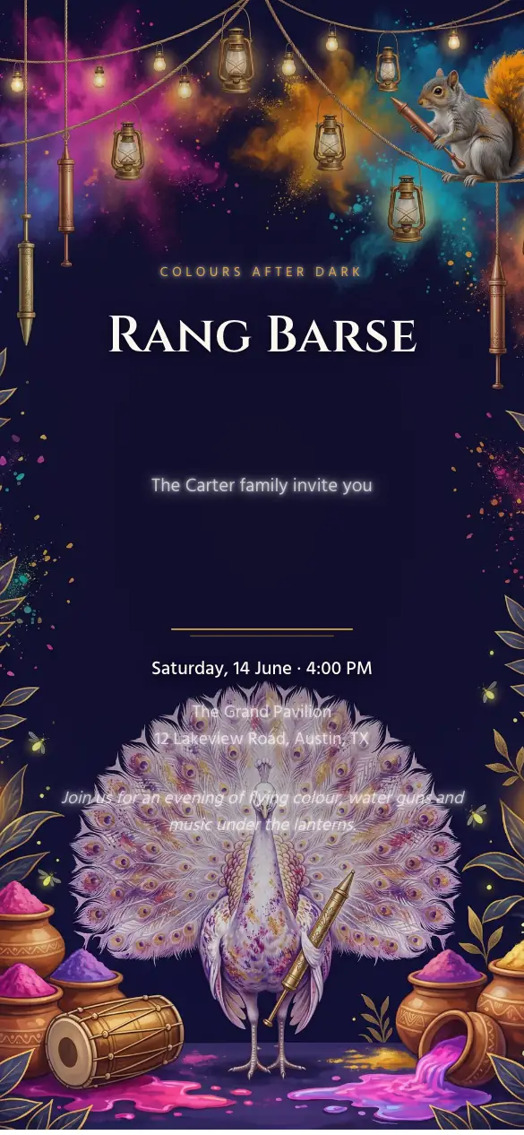 Midnight Pichkari Holi invitation design