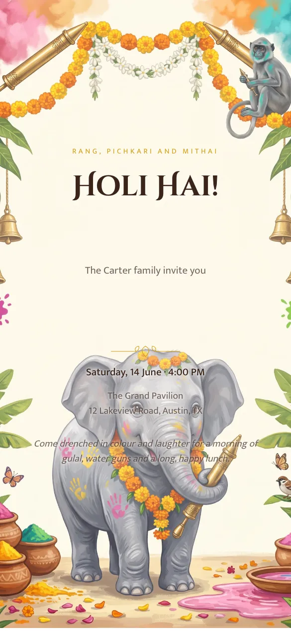 Gulal & Gold Holi invitation design
