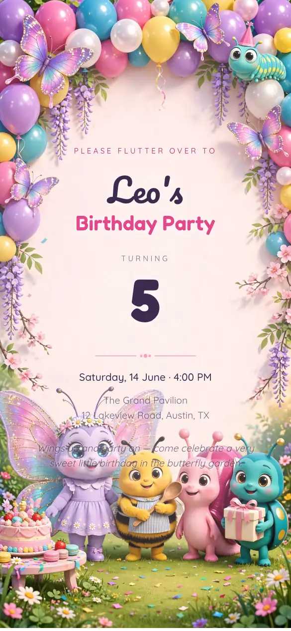 Butterfly Balloon Garden Kids' birthday invitation design