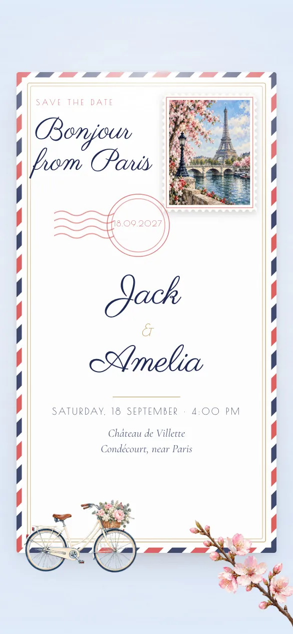 Paris Postcard Save the date invitation design